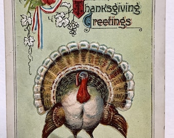 Thanksgiving Greetings antique postcard, Golden Era 1910s, Unused, Turkey with banners