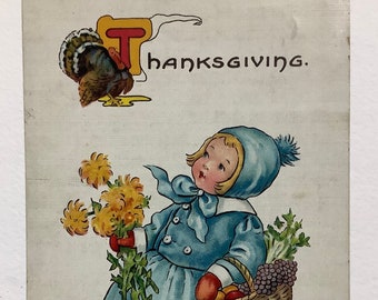 Thanksgiving Girl Antique Postcard, 1917, M L Fenestra Russell