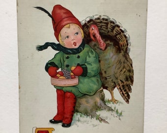 Thanksgiving Greetings antique postcard 1915, small girl with fruit, turkey