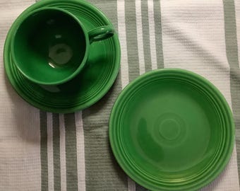 Vintage Fiestaware, Medium Green, Cup & Saucer and Bread Plate, Rare Pieces