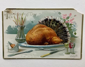 Thanksgiving Day 1909 Raphael Tuck postcard, thanksgiving table, RJ Wealthy signed