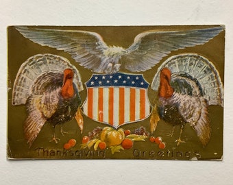 Patriotic Thanksgiving Postcard 1908, eagle, flag and turkeys