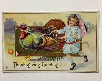 Thanksgiving Greetings antique postcard, Girl with turkey on a ribbon leash 1912