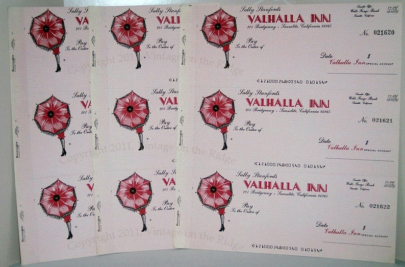 Vintage Unused Business Checks, Sally Stanford the Sausalito Madame, Valhalla Inn, Actual Checks image 2