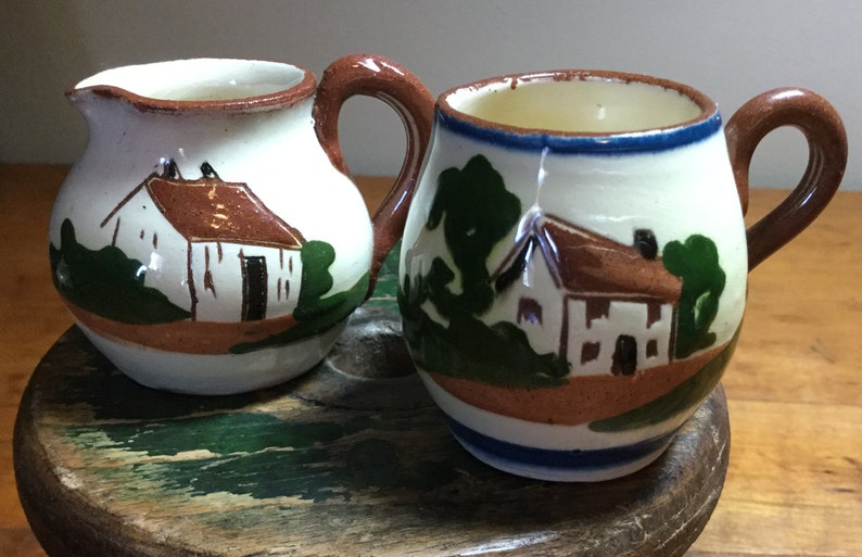 Pair of Miniature Pitchers Torquay Motto Ware, Cottage Pattern image 1