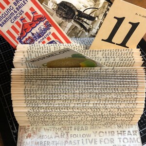 May include: A handmade book with pages fanned out, holding vintage ephemera. Includes a circus bag, a black and white photo, a card with the number 11, and a musk melon illustration. The bottom pages have text that reads "CREATE WITHOUT FEAR MEMORIES NEVER".