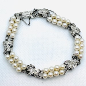 Sterling Silver and Pearl Antique Bracelet with Leaf Accents