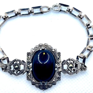 Sterling Silver Art Deco Onyx and Marcasite Bracelet