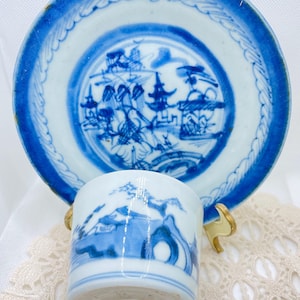Antique Qing Dynasty Blue and White Canton Blue Porcelain Cup and Plate