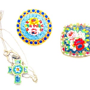 Italian Sterling Micro Mosaic Cross Necklace, Micro Mosaic Brooch Set