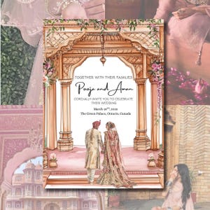 以下が含まれることがあります： 水彩画の結婚式の招待状。伝統的な衣装を着たカップルがアーチの下にいます。「Pooja and Aman」の名前、結婚式の詳細、「TOGETHER WITH THEIR FAMILIES」のテキストが含まれています。ソフトピンク、ブラウン、グリーンが使われています。