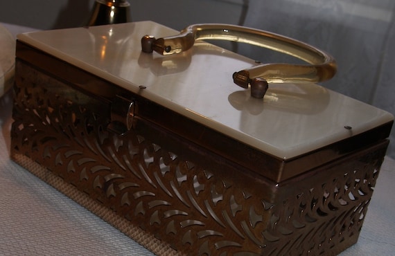 1950s Vintage Hinged Lucite and Brass Box Purse -