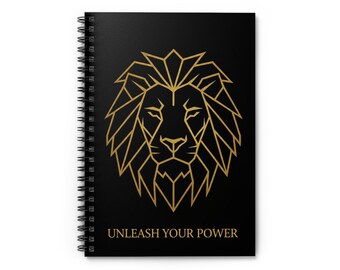 Cuaderno geométrico dorado con león / Diario espiral negro, regalo de empoderamiento