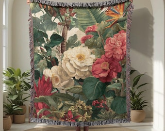 Coperta vintage botanica in 100% cotone intrecciato, coperta intrecciata per hobby da giardiniere, coperta arazzo da giardino nella giungla, regalo per mamma amante delle piante, coperta