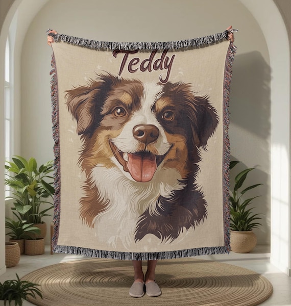 Custom Pet Portrait Woven Blanket, Personalized Dog Owner Throw