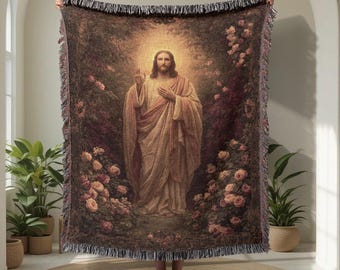 Jesus Christ 100% Cotton Woven Blanket, Christian Religious Throw For Mom, Catholic Faith Tapestry, Spiritual Prayer Room Decor, Christmas