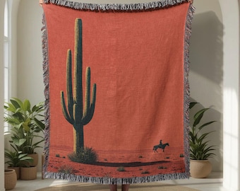 Desert Cactus 100% Cotton Woven Blanket, Southwestern Cowboy Landscape Throw with Saguaro Horse Rider, Rustic Western Tapestry, Boho Desert