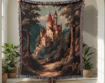 Sprookjeskasteel 100% katoenen geweven deken, donker Academia-tapijt, Fantasy Reader Gift Throw-deken, History Buff Hobby geweven deken.