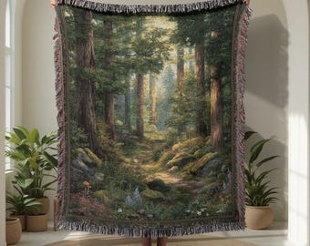 Forest Bathing 100% Cotton Woven Blanket, Hiker Gift Woven Throw, Nature Lover Tapestry Blanket, Cottagecore Decor Cotton Throw, Camping