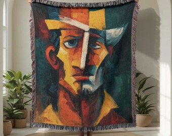 Manta tejida 100 % algodón con retrato abstracto, manta tejida con arte expresionista, manta tejida con artista moderno, manta tejida con aficiones creativas