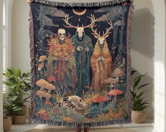 Gothic Home Decor 100% Cotton Woven Blanket, Witchy Samhain Gift Woven Tapestry, Pagan Friend Gift Throw Blanket, Dark Academia Mystical Art