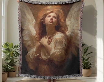 Guardian Angel 100% Cotton Woven Blanket, Christian Faith Tapestry Throw, Religious Gift For Mom Woven Throw, Sympathy Bereavement Christian