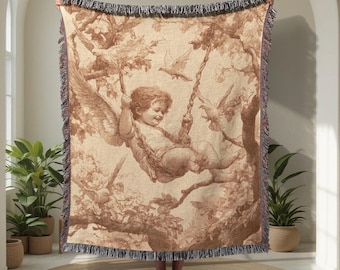 Vintage Cherub Swing 100% Cotton Woven Blanket, Angelic Child Woven Blanket, Nostalgic Childhood Woven Blanket, Whimsical Nature Blanket.