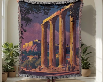 Athens Greece 100% Cotton Woven Blanket, For History Teacher Tapestry Blanket, Ancient Greece Lover Throw Blanket, Greek Mythology Hobby