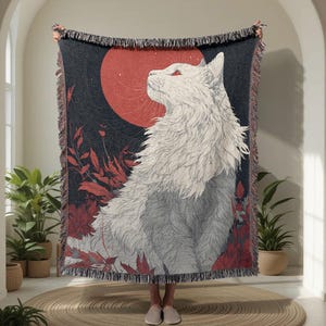 White Cat 100% Cotton Woven Blanket, Mystical Moon Throw Blanket, Gothic Cottagecore Cat Tapestry, Red Moon Home Decor, Cozy Fantasy Gift.