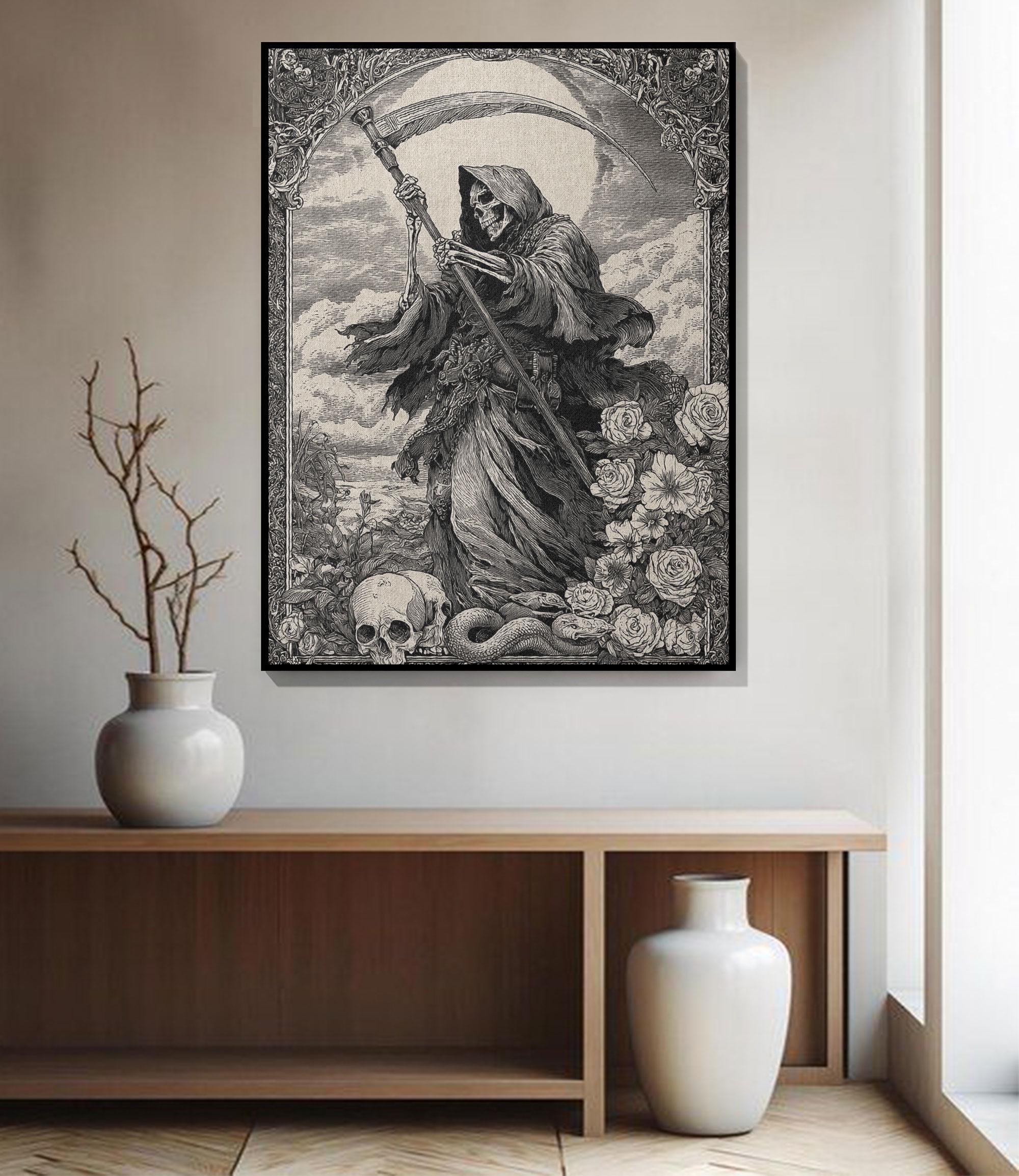 Gothic Grim Reaper 100% Cotton Woven Blanket, Skull Decor for Dark