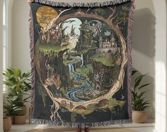 Fantasy World Map 100% Cotton Woven Blanket, Medieval Castle Woven Throw, Gift For D&D Player Tapestry Blanket, Mythology Lover Blanket Gift