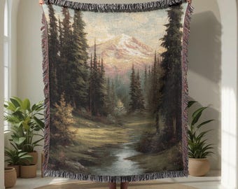 Mountain Landscape 100% Cotton Woven Blanket, Forest Creek Tapestry, Nature Lover Woven Throw, Cabin Decor For Hiker, Outdoorsman Dad Gift