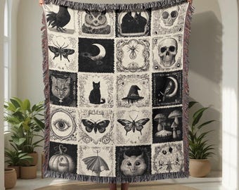 Gothic Halloween 100% Cotton Woven Blanket, Witchy Friend Gift Tapestry, Pagan Religion Decor Throw Blanket, Occult Dark Academia Aesthetic