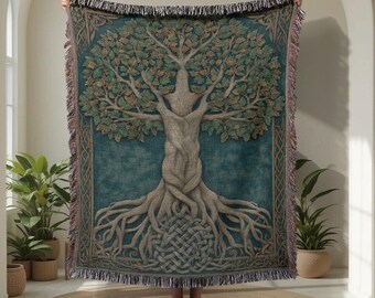 Lebensbaum-Webdecke aus 100 % Baumwolle, Familienerbe-Webdecke, Decke zur spirituellen Verbindung, Naturdecke, Decke der keltischen Liebe