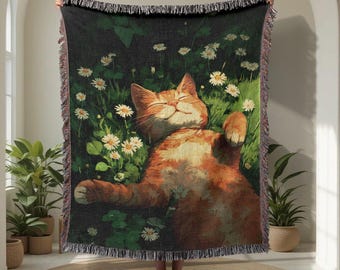 Ginger Cat 100% Cotton Woven Blanket, Happy Cat Lover Throw Blanket, Gift For Cat Mom Tapestry, Pet Owner Birthday Gift, Cottagecore Home