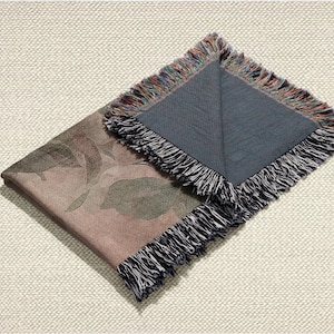 May include: Folded throw blanket with a botanical leaf pattern in shades of brown, green, and grey. The blanket has a dark grey underside and is trimmed with a multi-coloured fringe. The blanket is folded on a textured, off-white surface.