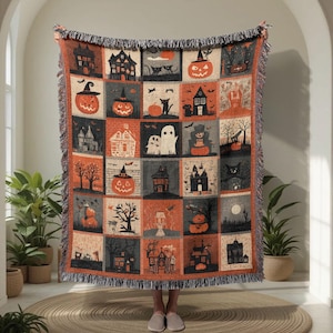 Manta tejida vintage de Halloween 100 % algodón, tapiz retro de casa encantada, manta espeluznante, tapiz de calabaza fantasma, tapiz para amantes de Halloween