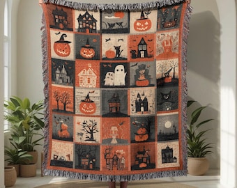 Vintage Halloween 100% Cotton Woven Blanket, Retro Haunted House Tapestry, Spooky Throw Blanket, Ghost Pumpkin, Halloween Lover Tapestry