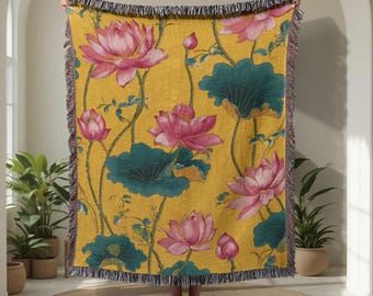 Lotus Flower Lover 100% Cotton Woven Blanket, Spiritual Friend Gift Woven Throw, Buddhist Meditation Woven Blanket, Yoga Teacher Gift Woven