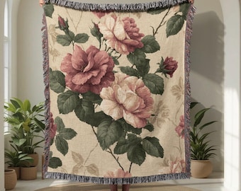 Vintage Rosen 100% Baumwolle gewebte Decke, Cottagecore Blumenwurf, Geschenk für Gärtner Mutter Decke, botanischer Wandteppich, Oma Geburtstag Dekor