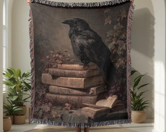 Gothic Raven On Vintage Books 100% Cotton Woven Blanket, Literary Lover Blanket, Dark Academia Blanket, Bookworm Blanket, Halloween Decor