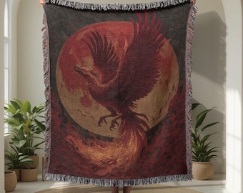 Mythical Phoenix  100% Cotton Woven Blanket, Fantasy Lover Gift Woven Throw, Rebirth And Renewal Quote Woven Tapestry, Spiritual Friend Gift