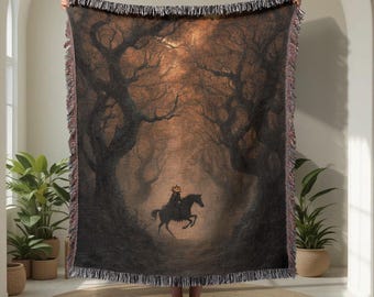 Kopfloser Reiter Halloween 100% Baumwolle gewebte Decke, gruselige Wald gewebte Decke, gruselige Kürbisreiter gewebte Decke, Herbst Herbst Dekor