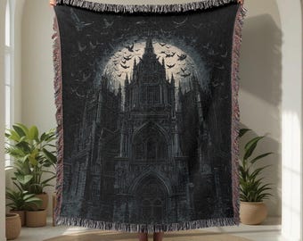 Manta de algodón 100 % con diseño de catedral gótica, manta de Halloween espeluznante, tapiz tejido con decoración de Dark Academia, manta para sofá con diseño de castillo de vampiros