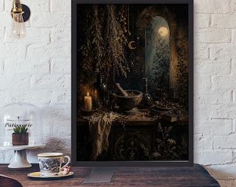 May include: A framed wall art print depicting a dark, moody interior scene with a stone mortar and pestle, glass bottles, a lit candle, and hanging dried herbs. An arched window reveals a night sky with a full moon and hanging crescent moon decor.