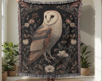 Barn Owl 100% Cotton Woven Blanket, Vintage Floral Throw Blanket, Cottagecore Nature Lover Gift, Dark Academia Wildlife Art Home Decor, Cozy