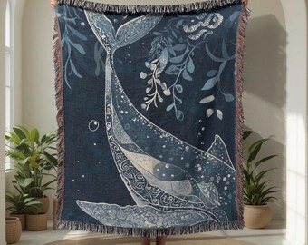 Mystical Whale 100% Cotton Woven Blanket, Ocean Lover Woven Throw, Marine Biology Gift Tapestry Blanket, Boho Sea Life Couch Throw Blanket