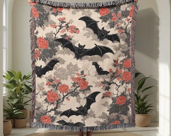 Halloween Bat 100% Cotton Woven Blanket, Floral Bat Woven Throw Blanket, Goth Nature Lover Woven Blanket, Spooky Home Decor Woven Blanket
