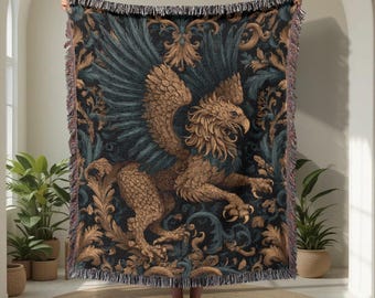 Griffin 100% Cotton Woven Blanket, Mythical Creature Woven Tapestry, Fantasy Reader Gift Woven Throw, Dark Academia Decor, Gothic Librarian