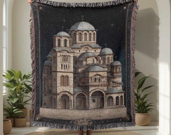 Coperta in cotone 100% intrecciato della Chiesa ortodossa serba, arazzo Gracanica, regalo religioso cristiano per la famiglia, arredamento per la casa ispirato alla fede, amante della storia.